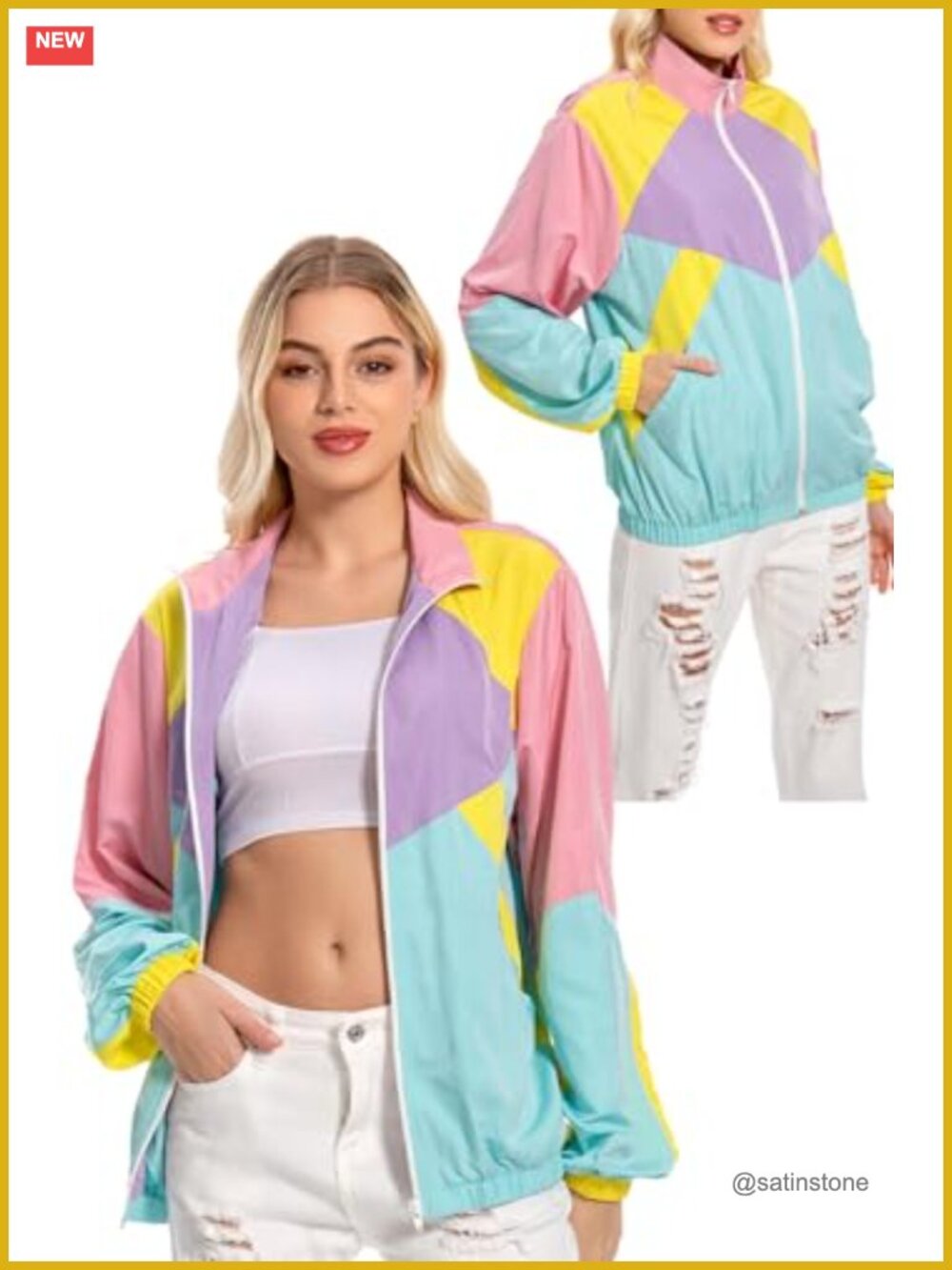 80s 90s Neon Windbreaker Long Sleeve Retro Party Jacket Polyester